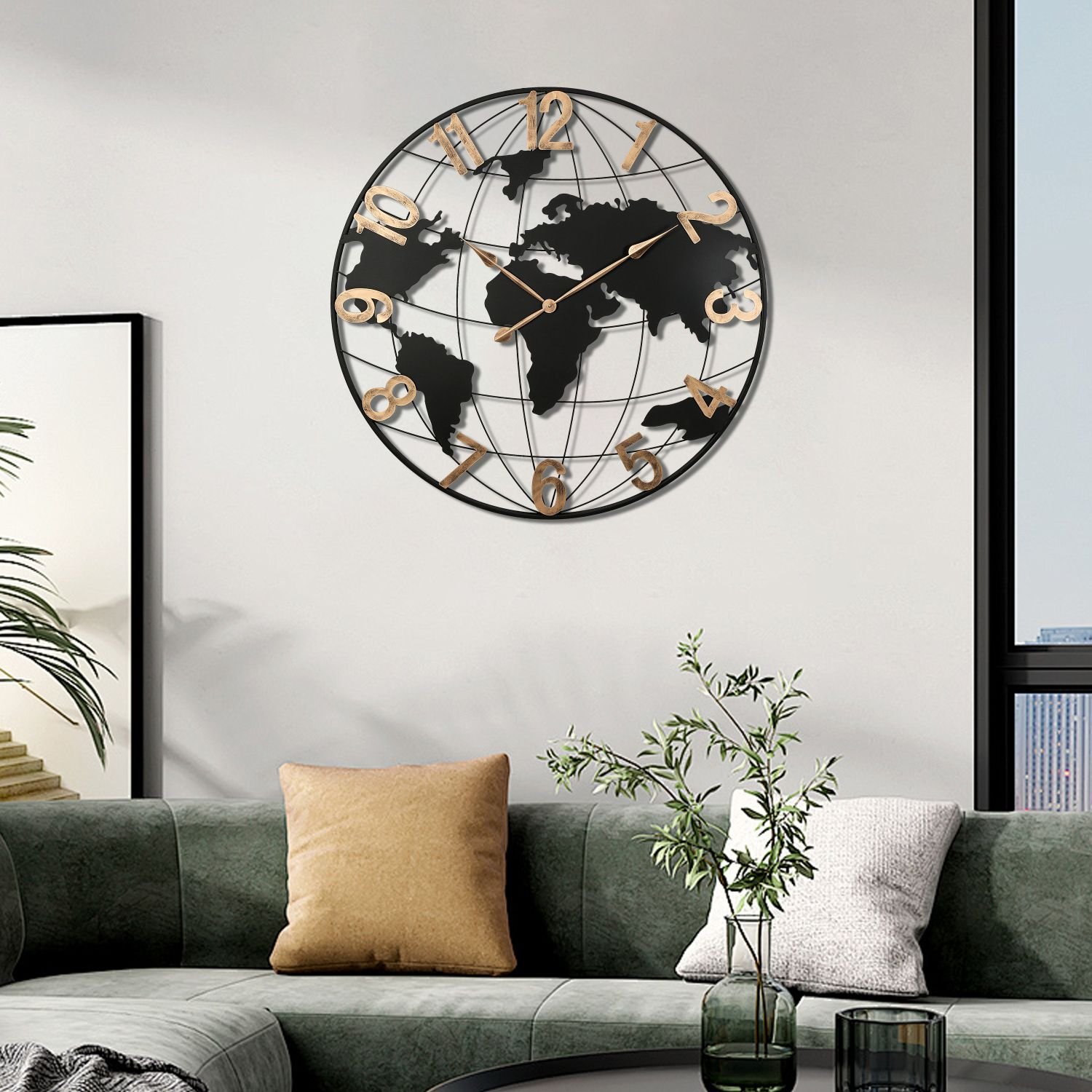 36 Inch Large Black Metal Wall Clock, Modern Silent World Map Wall ...